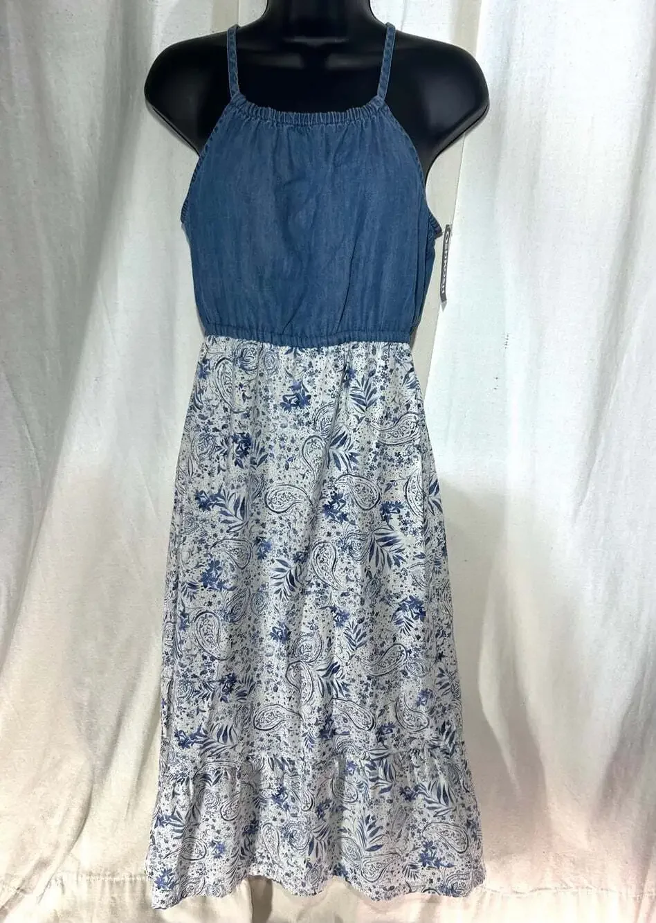 Oshkosh Girls NWT denim spaghetti strap white and blue floral dress size 14 -14A